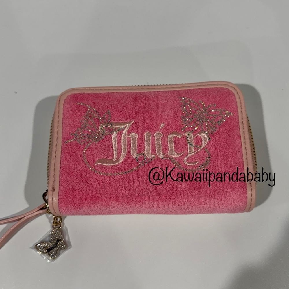 NWOT Juicy Couture Butterfly Pink Terry Cloth Rhinestone Bling Zip Around Wallet